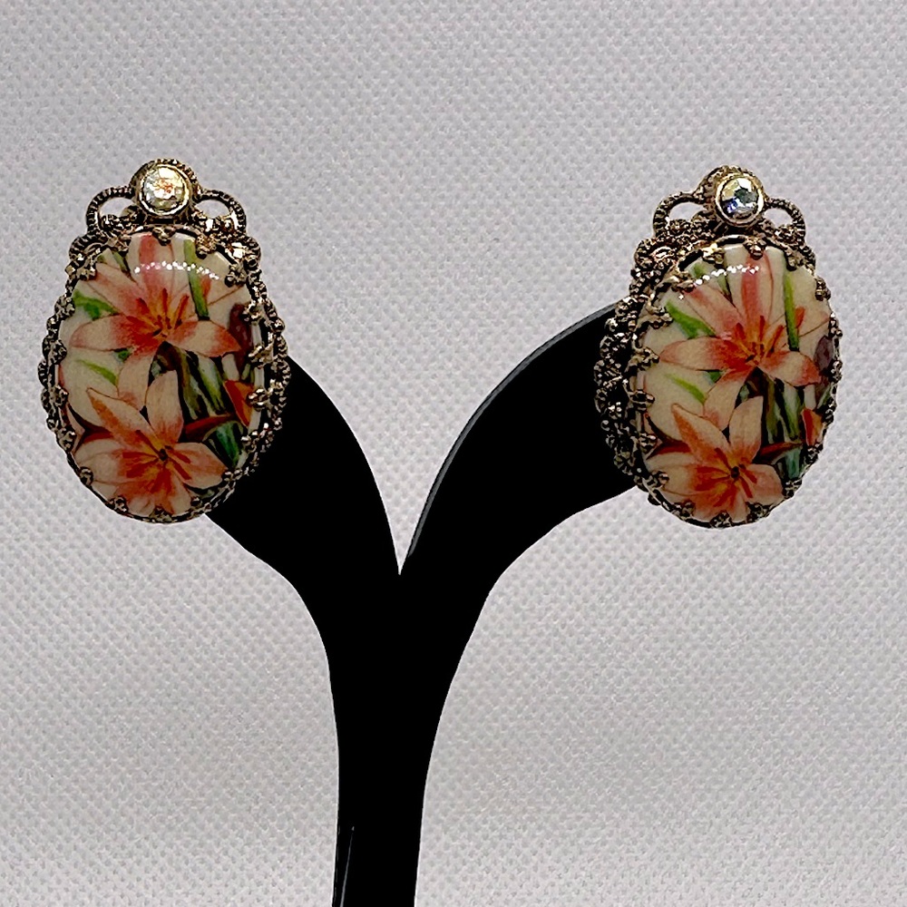 W Germany clip on earrings floral transfer on glass